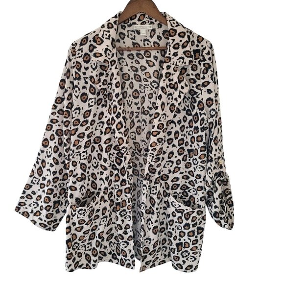 Dana Buchman Open Front Leopard Animal Print Jacket Womens Sz L Roll Tab Sleeve - Picture 1 of 14